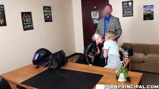 Two milfs making a naughty deal with principal